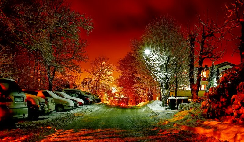 Snow-covered Street at Night — Red