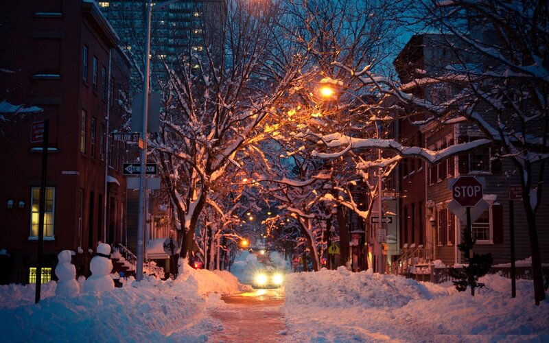 Snow-covered Street at Night — White, Calm