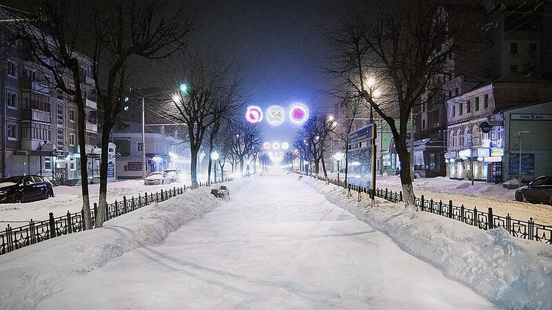 Snow-covered Street at Night — White, Cold, Photograph, Buildings, Trees
