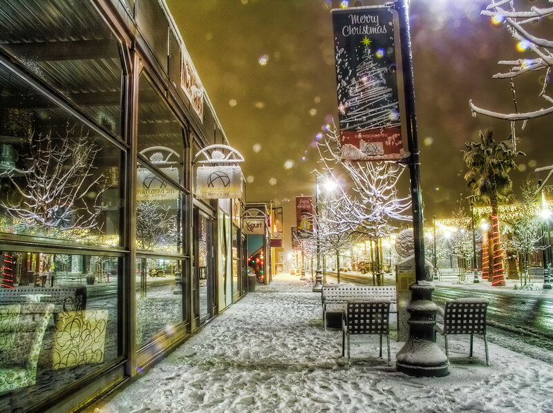 Snow-covered Street at Night — White, Festive