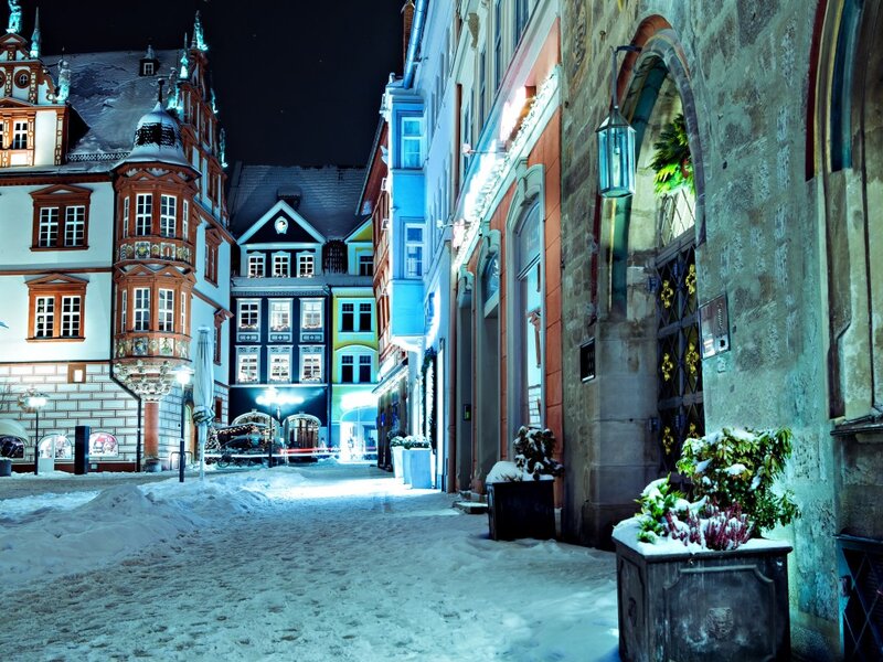 Snow-covered Street at Night — White, Serene, Photograph, Buildings