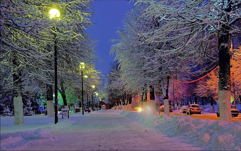 Snow-covered Street at Night — White, Serene
