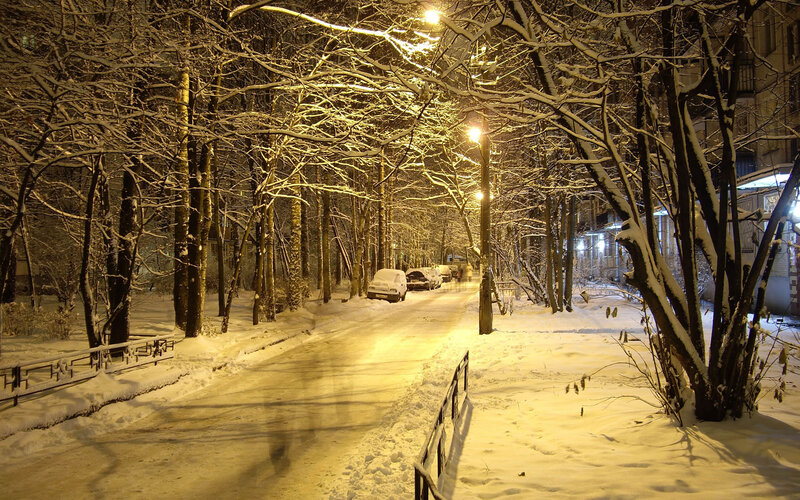 Snow-covered Street at Night — Yellow, Quiet, Photograph, Trees