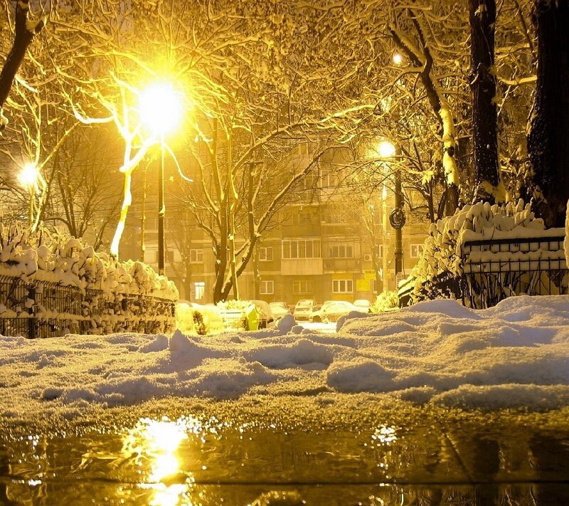 Snow-covered Street at Night — Yellow, Serene