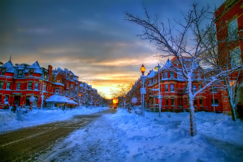 Snow-covered Street at Sunset