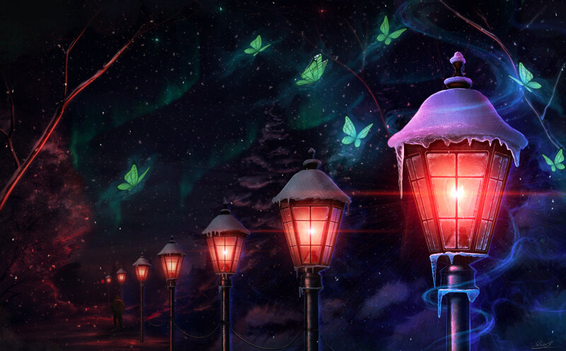 Snow-covered Street Lamps — Red