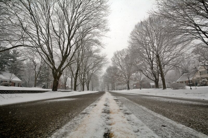 Snow-covered Street — White, Cold, Winter, Photograph, Trees, Houses