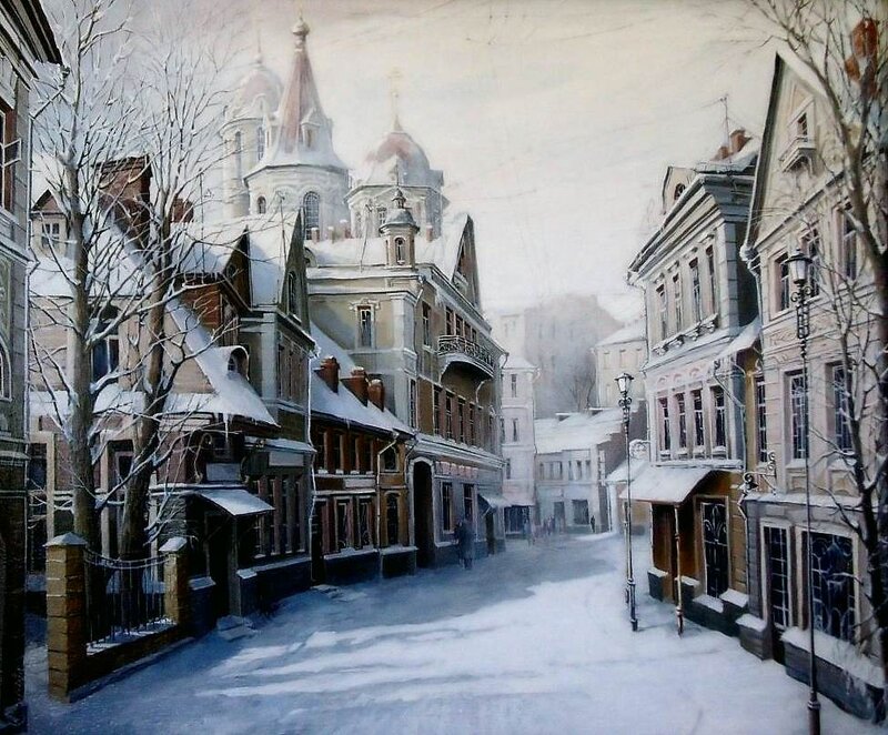 Snow-covered Street with Church