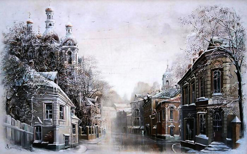 Snow-covered Street with Church — White