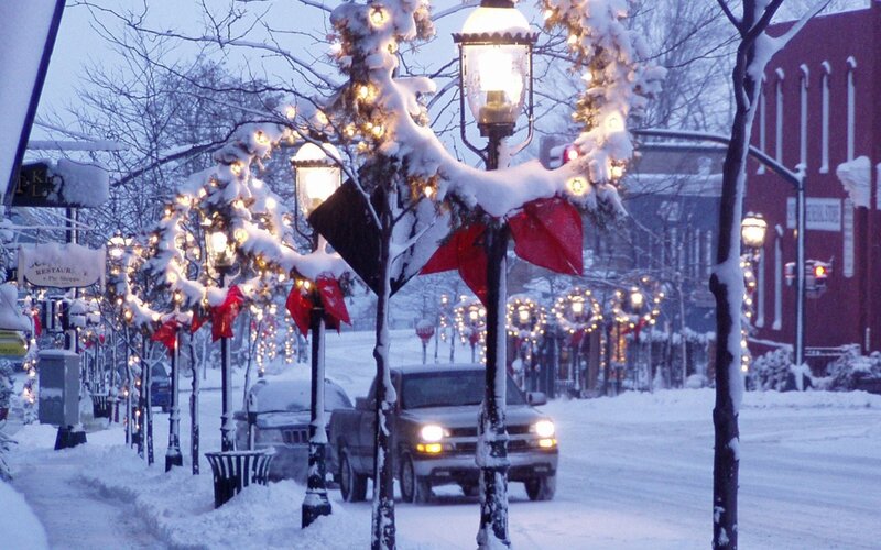 Snow-covered Street with Lights — White, Festive