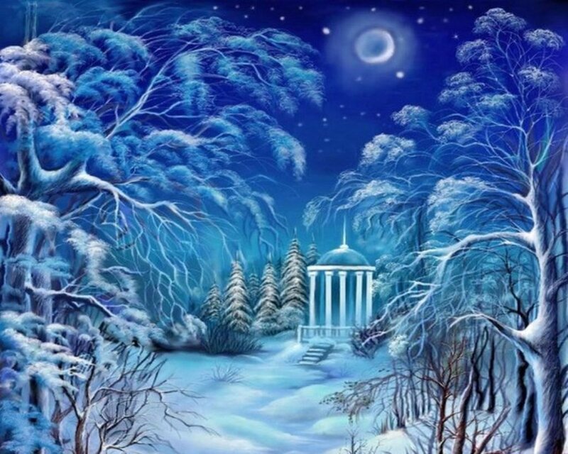 Snow-covered Temple — Blue, Serene