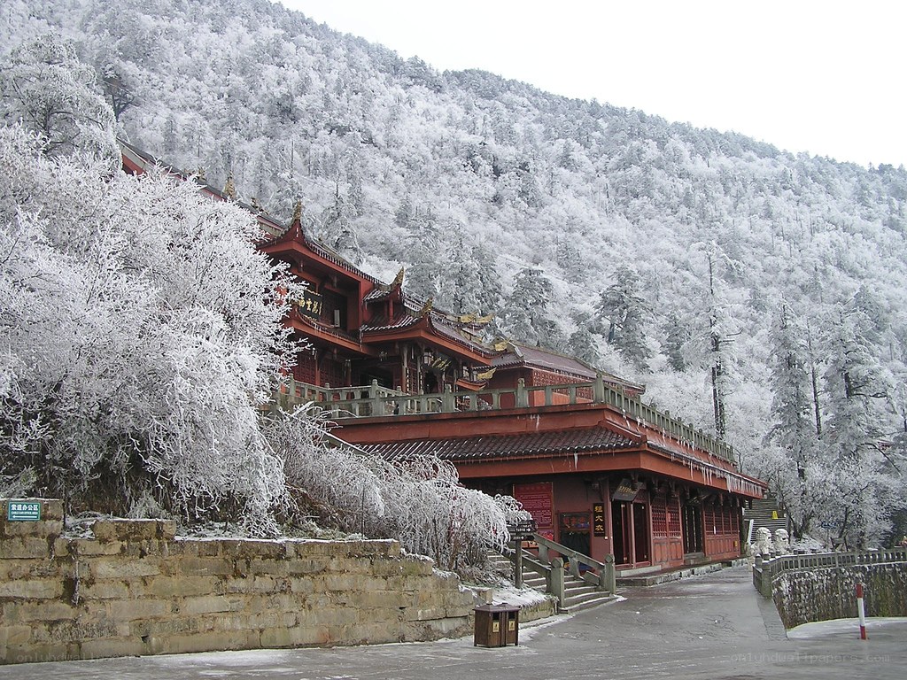 Snow-covered temple on a mountain