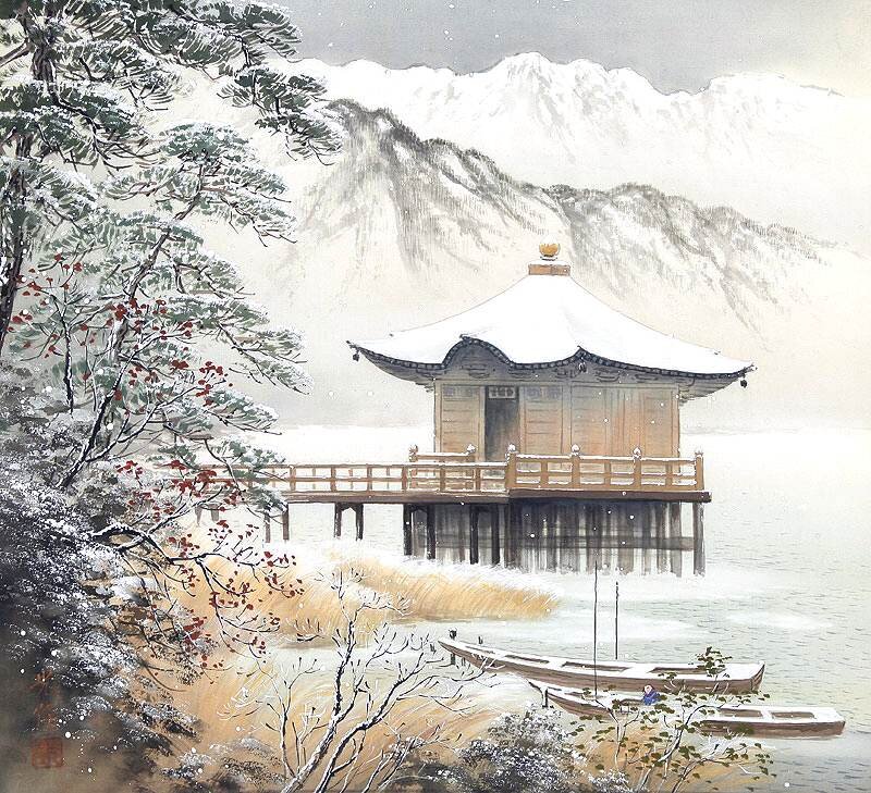 Snow-covered Temple on Lake