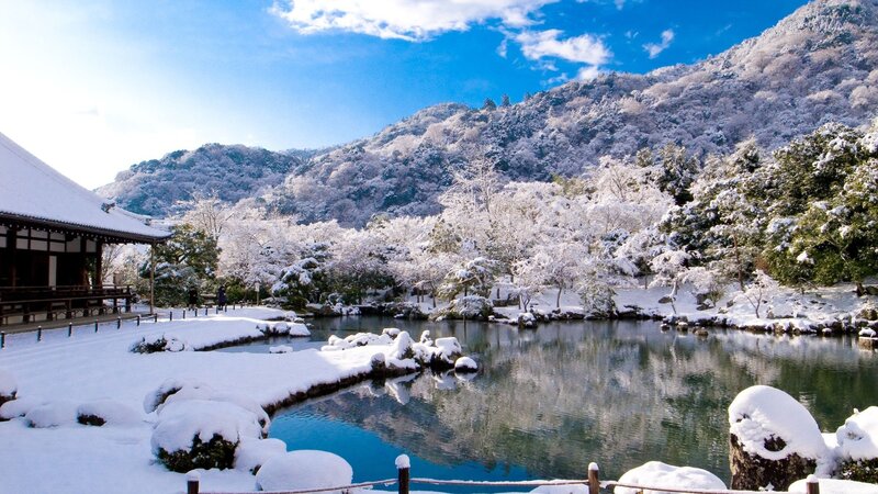 Snow-covered Temple Pond — Blue