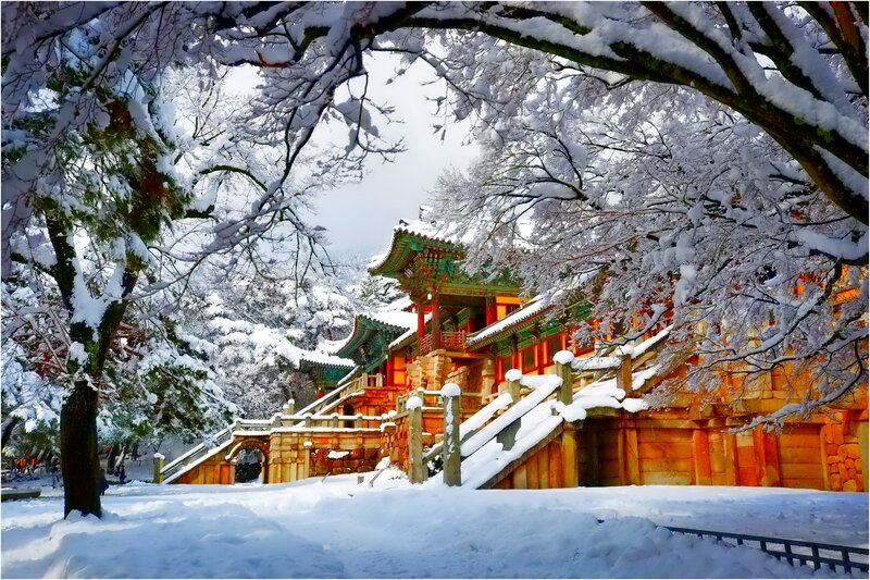 Snow-covered Temple — White, Serene, Winter, Photograph