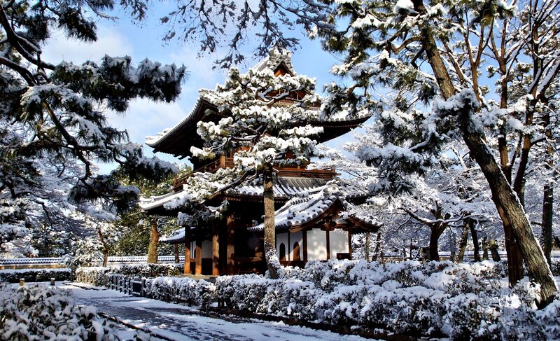 Snow-covered Temple — White, Serene, Winter, Photograph, Trees