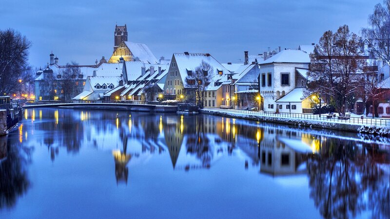 Snow-covered Town at Dusk — Blue, Serene