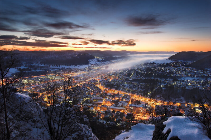 Snow-covered Town at Dusk — Blue, Serene, Winter, Photograph