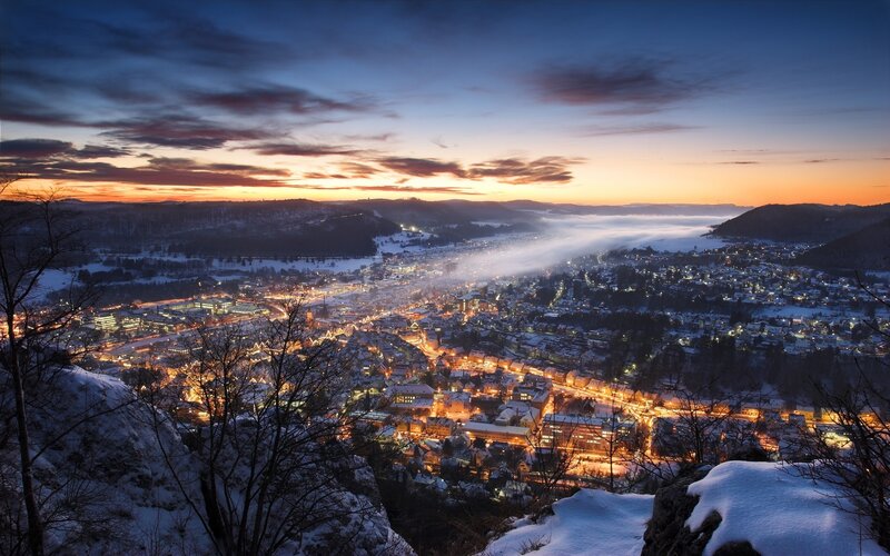 Snow-covered Town at Dusk — Blue, Serene, Winter