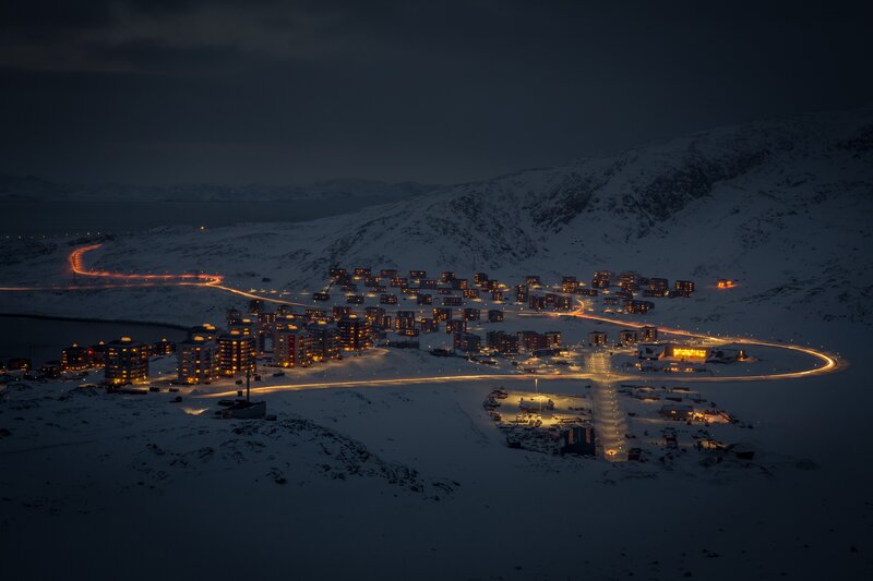 Snow-covered Town at Night — Black