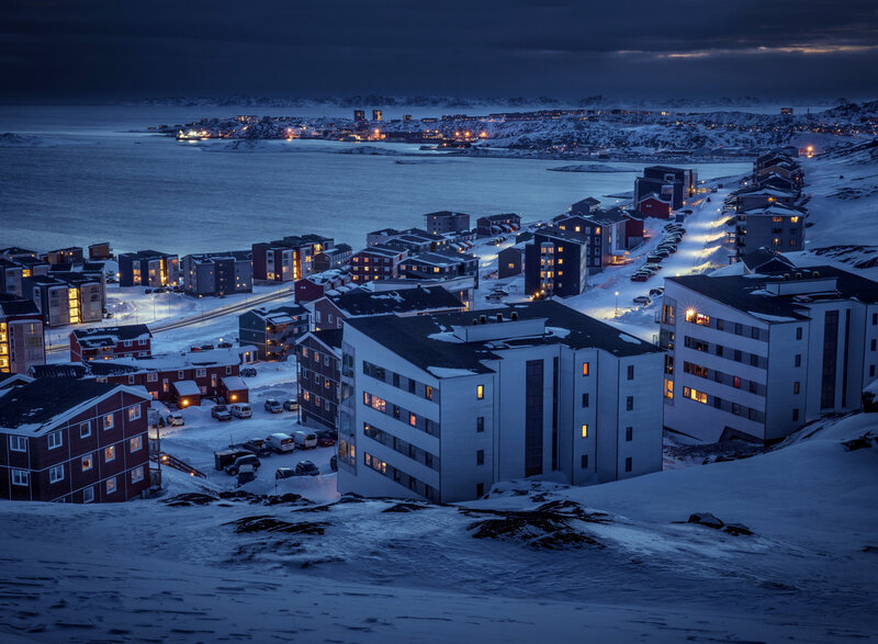 Snow-covered Town at Night — Blue, Cold