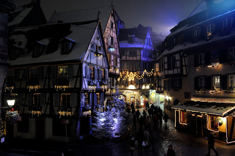 Snow-covered Town at Night — Blue, Festive