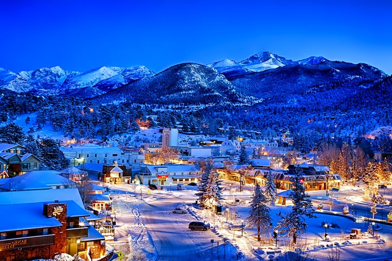 Snow-covered Town at Night — Blue, Serene, Photograph, Mountains, Buildings