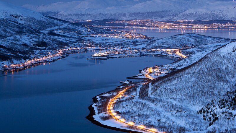 Snow-covered Town at Night — Blue, Serene, Photograph, Mountains, Lights