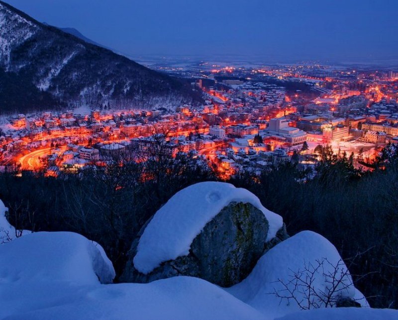 Snow-covered Town at Night — Blue, Serene