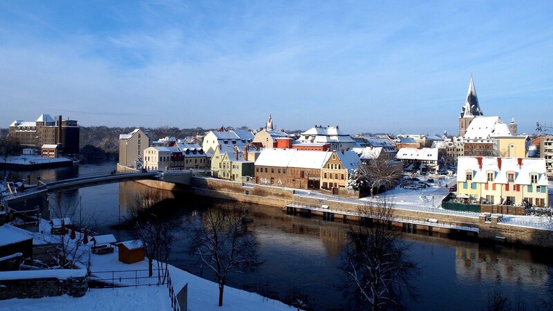 Snow-covered Town by River — Blue