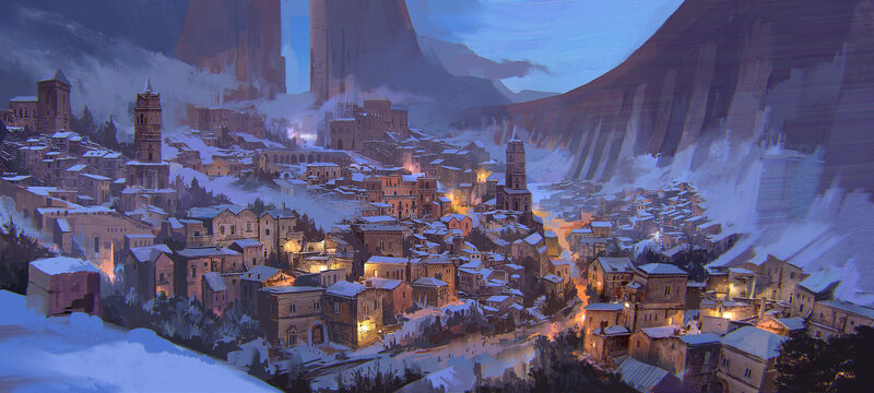 Snow-covered Town in Mountains — Blue