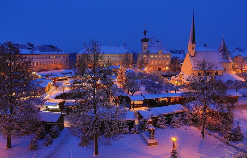 Snow-covered Town Square — Blue, Serene