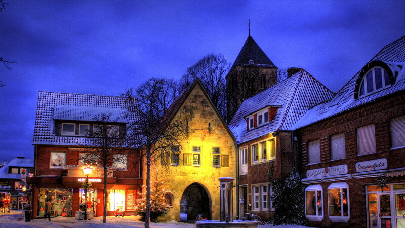 Snow-covered Town Square — Blue