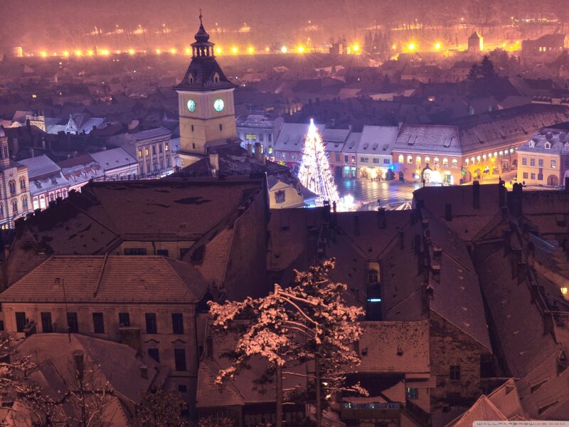 Snow-covered Town Square — Purple, Festive