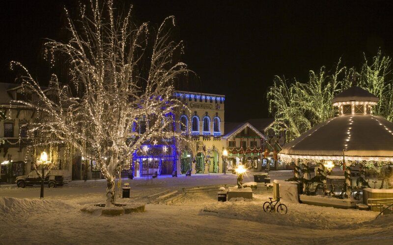 Snow-covered Town Square — White, Festive, Night, Photograph