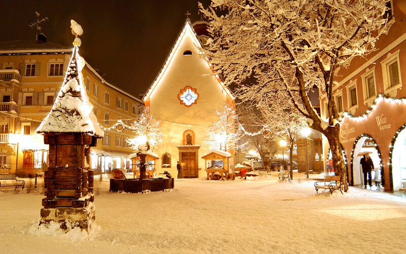 Snow-covered Town Square — White, Peaceful, Night