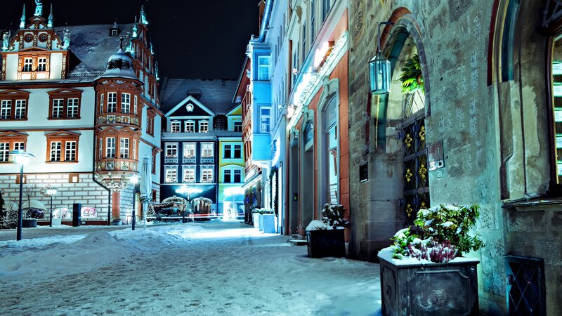 Snow-covered Town Square — White, Serene, Night, Photograph