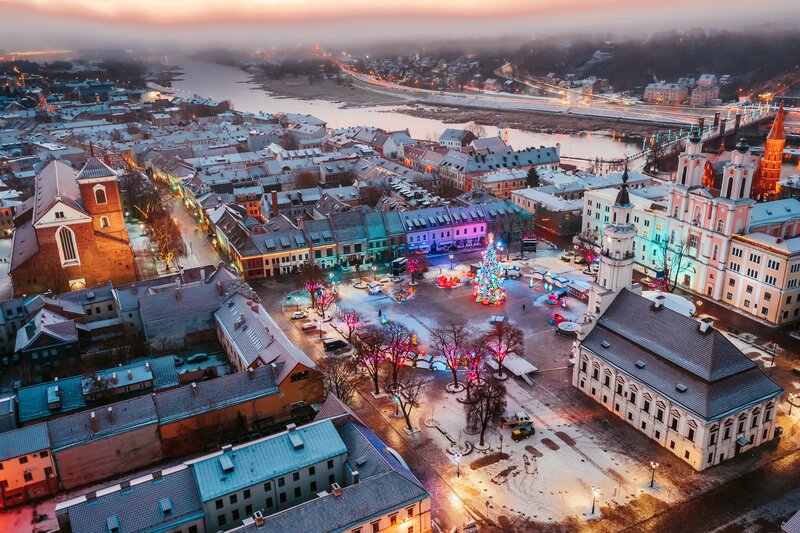 Snow-covered Town Square — White, Serene, Winter