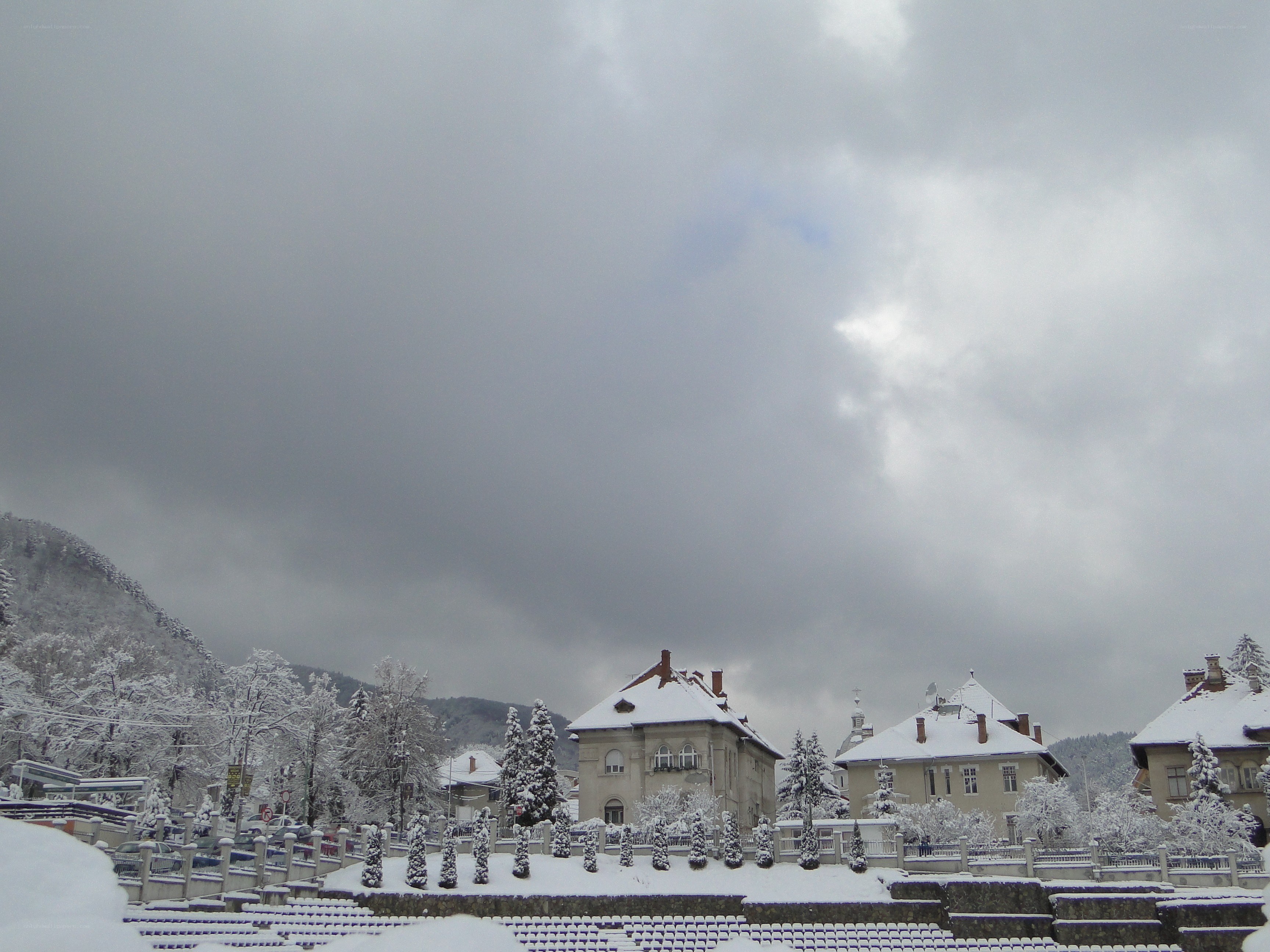snow-covered town square