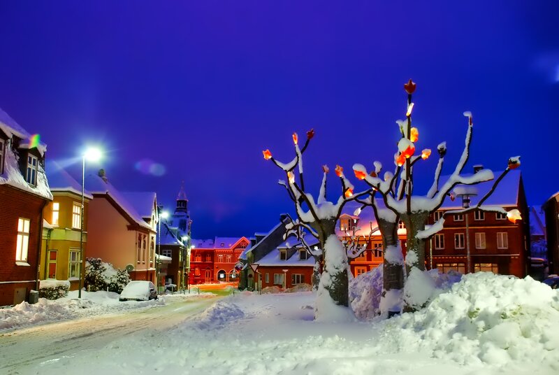 Snow-covered Town Street — Blue, Serene, Night