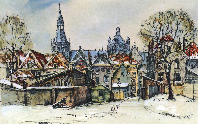Snow-covered Town with Church — White