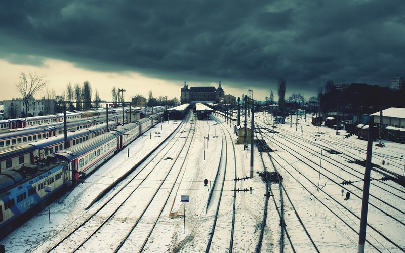 Snow-covered Train Station — Gray, Dramatic