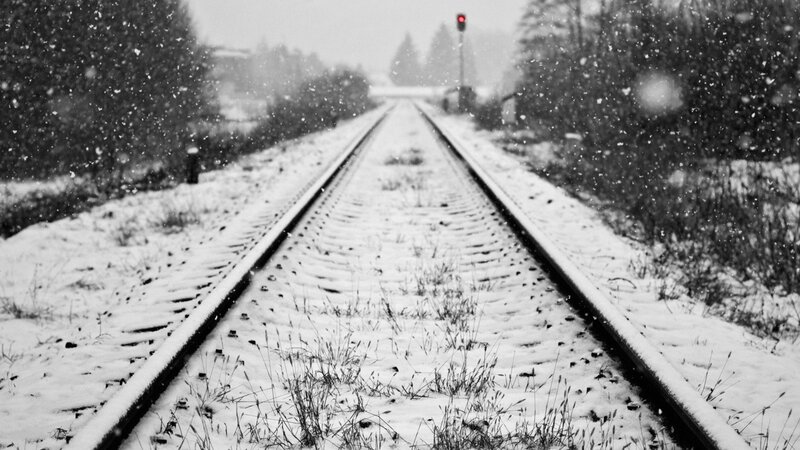Snow-covered Train Tracks — Black, Cold, Winter, Photograph, Trees