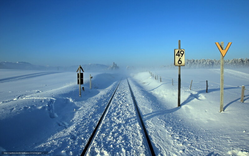 Snow-covered Train Tracks — Blue, Serene, Winter, Photograph