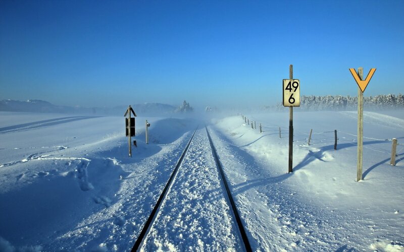 Snow-covered Train Tracks — Blue, Serene, Winter