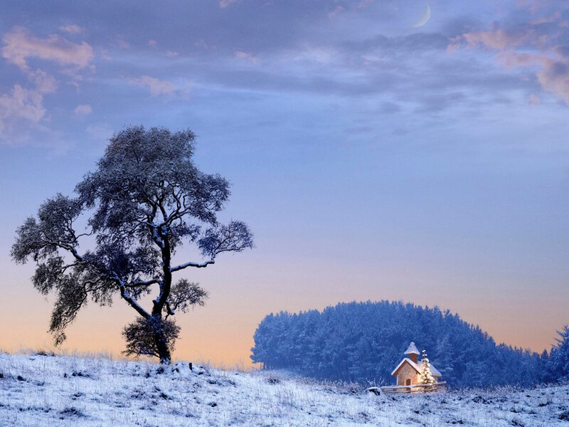Snow-covered Tree and Chapel — Blue, Serene