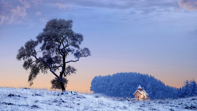 Snow-covered Tree and Chapel — Blue