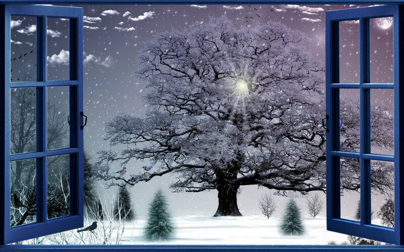 Snow-covered Tree at Night — Blue, Serene, Digital Art