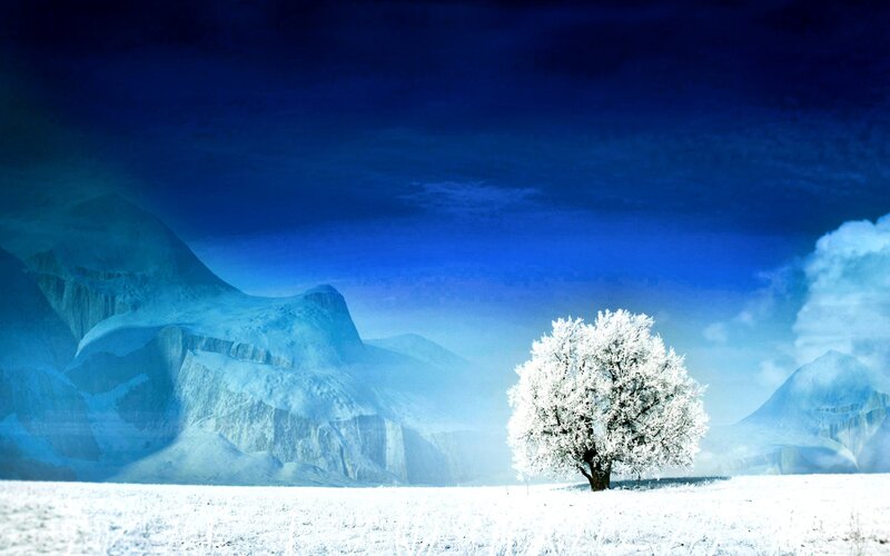 Snow-covered Tree — Blue, Serene, Winter, Digital Art, Mountains