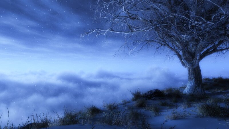Snow-covered Tree on Cliff — Blue, Serene, Night, Digital Art